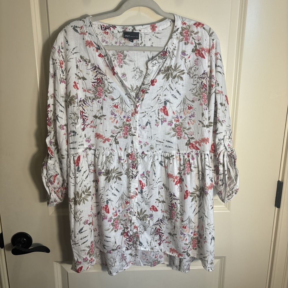 Jones‎ & Co Women's 2X Floral Linen Blend Tunic Blouse 3/4 Sleeve Cottagecore